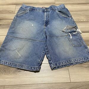 VTG Brooklyn Xpress 32x11 Blue Wide Carpenter Thrashed Jean‎ Shorts Y2K Jorts